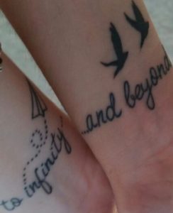 "To infinity and beyond" tattoo and birds and airplane tattoo